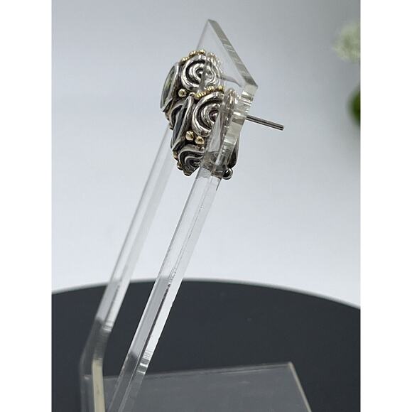 BJC Samuel Benham Sterling Silver Sign 14k Gold Oval Peridot Stud Omega Earrings - Picture 6 of 16